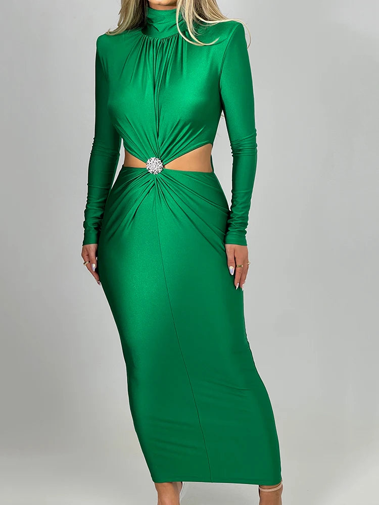 Vestido de invierno de manga larga con aberturas y diamantes para mujer, ajustado, elástico, elegante, para noche, fiesta, club, moda femenina.