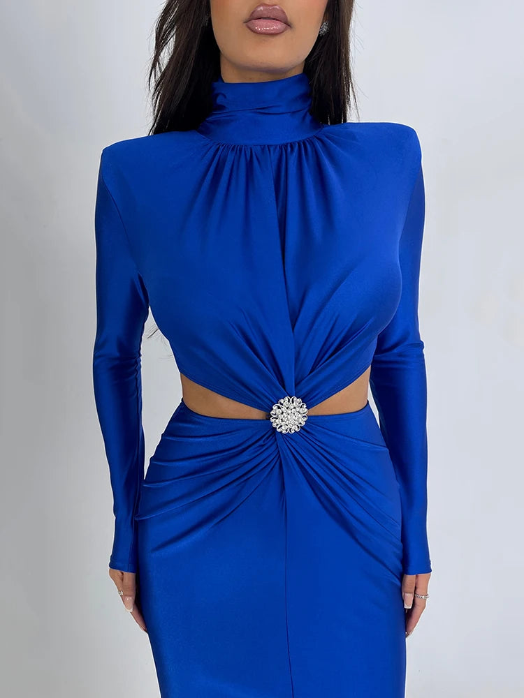 Vestido de invierno de manga larga con aberturas y diamantes para mujer, ajustado, elástico, elegante, para noche, fiesta, club, moda femenina.