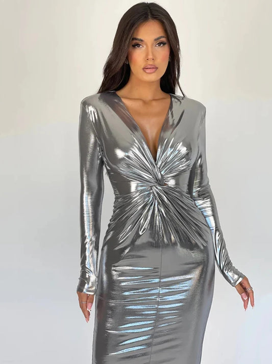 Winter Sexy Deep V Long Sleeve Dress For Women Bodycon Pleated Metal Maxi Dress Elegant Party Club Evening Vestidos
