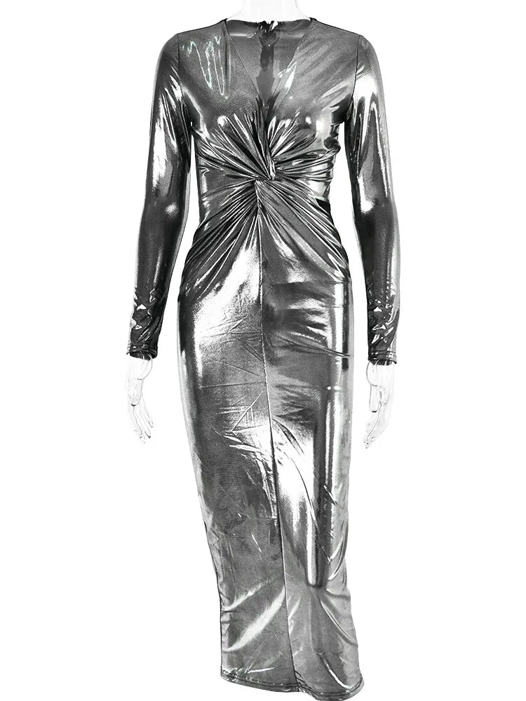 Winter Sexy Deep V Long Sleeve Dress For Women Bodycon Pleated Metal Maxi Dress Elegant Party Club Evening Vestidos