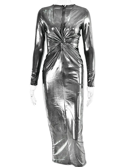 Winter Sexy Deep V Long Sleeve Dress For Women Bodycon Pleated Metal Maxi Dress Elegant Party Club Evening Vestidos