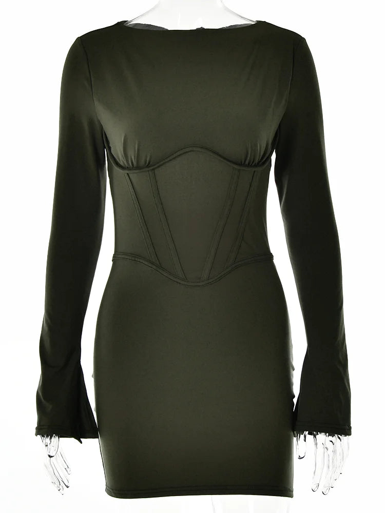 Vestido minivestido ajustado con ilusión para mujer, cuello redondo, mangas acampanadas divididas, falda cruzada, liso, ajustado, para primavera y verano, nuevo para fiesta.