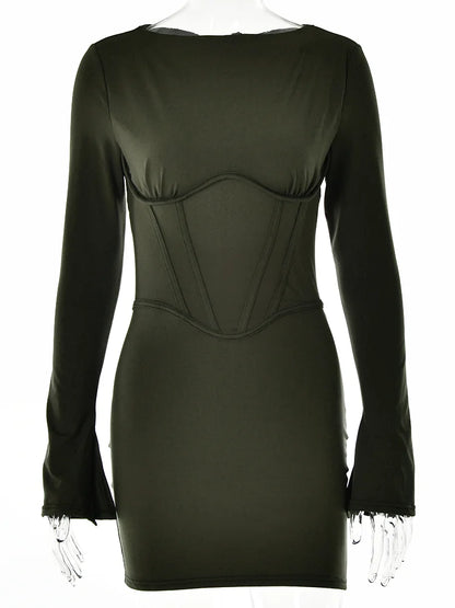 Vestido minivestido ajustado con ilusión para mujer, cuello redondo, mangas acampanadas divididas, falda cruzada, liso, ajustado, para primavera y verano, nuevo para fiesta.
