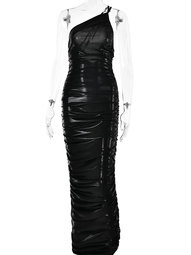 -Vestido de mujer de un solo hombro, sin mangas, espalda descubierta, plisado, ajustado, vestido de temperamento, fiesta femenina, club, noche