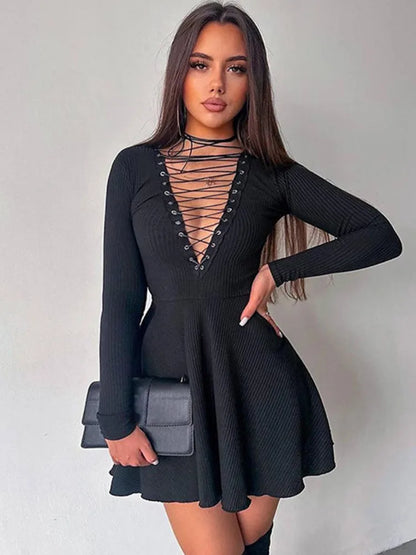 Artist 2025 Autumn/Winter Women New Sexy Deep V-neck Long Sleeved Dress Hollow Lace Up Waist Wrap Elegant Party Evening Dress