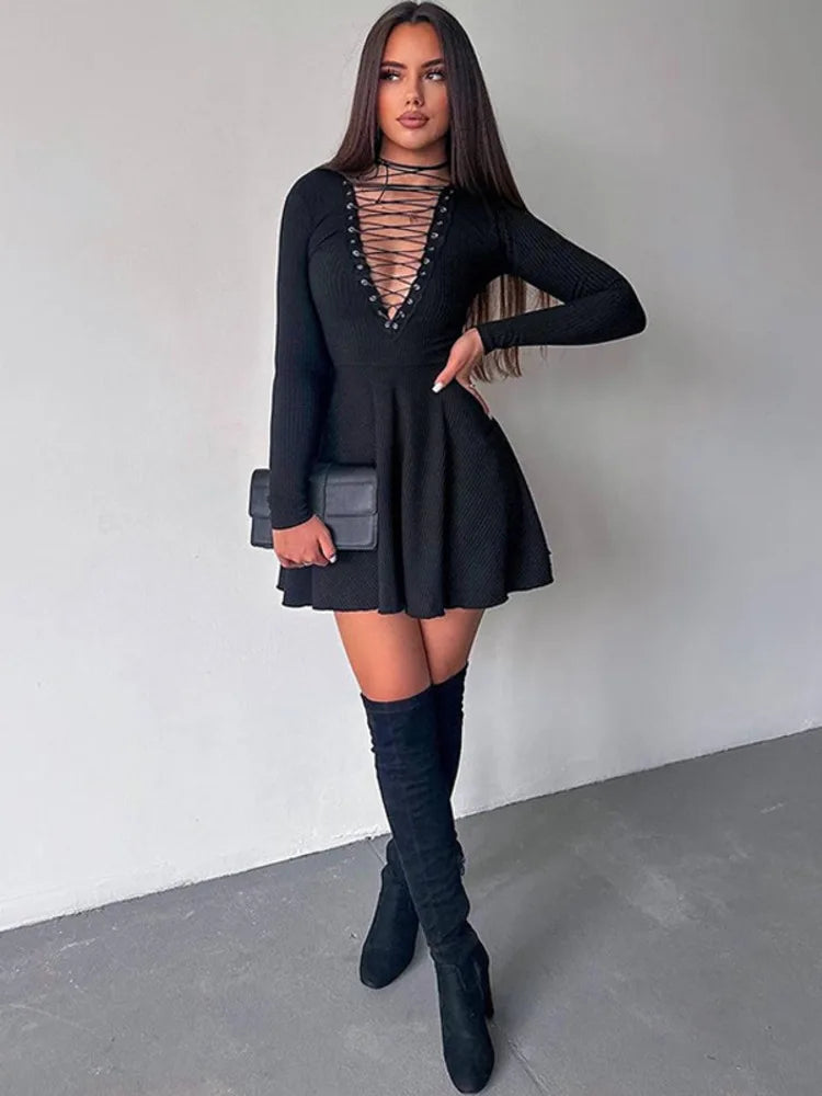 Artist 2025 Autumn/Winter Women New Sexy Deep V-neck Long Sleeved Dress Hollow Lace Up Waist Wrap Elegant Party Evening Dress