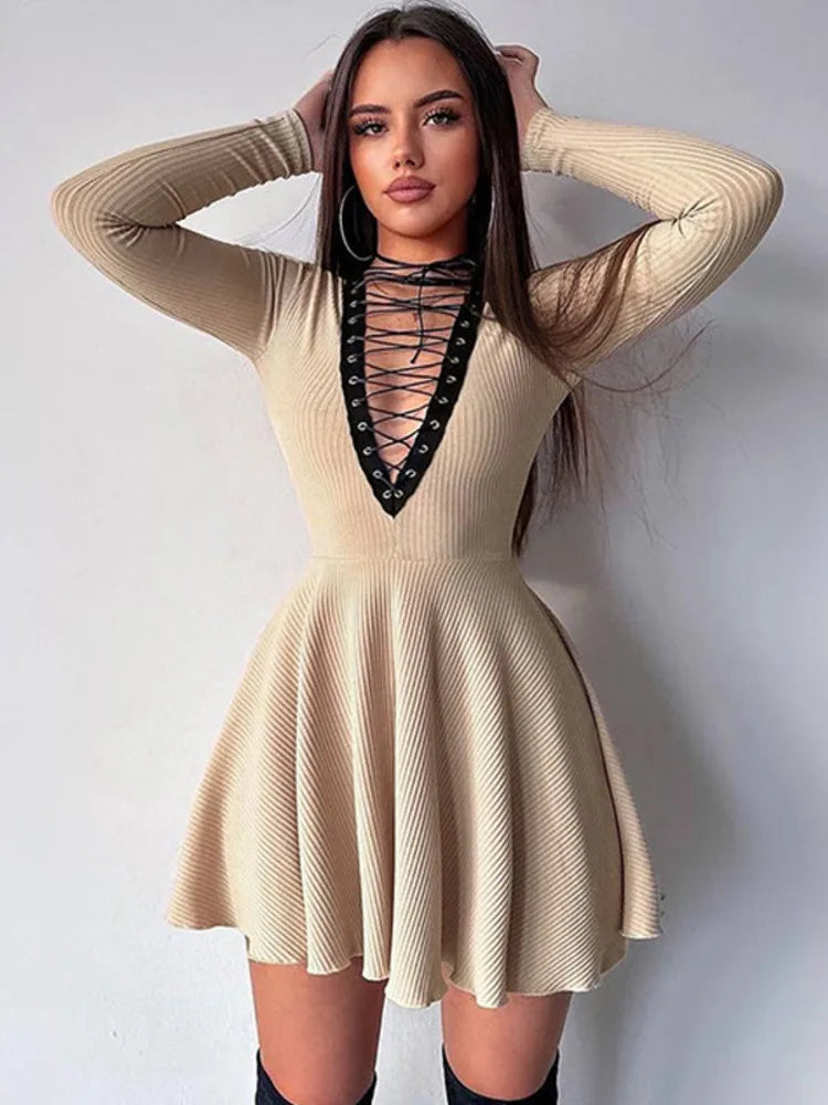 Artist 2025 Autumn/Winter Women New Sexy Deep V-neck Long Sleeved Dress Hollow Lace Up Waist Wrap Elegant Party Evening Dress