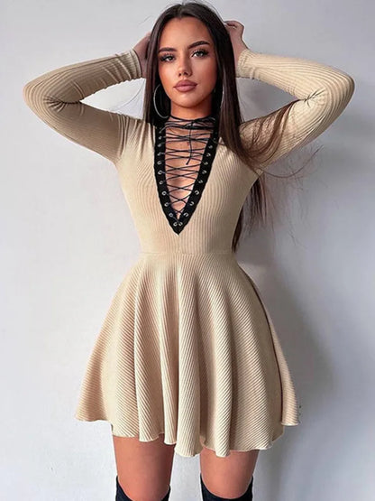 Artist 2025 Autumn/Winter Women New Sexy Deep V-neck Long Sleeved Dress Hollow Lace Up Waist Wrap Elegant Party Evening Dress