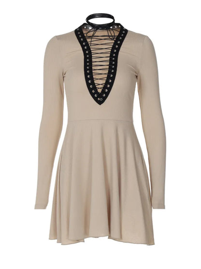 Artist 2025 Autumn/Winter Women New Sexy Deep V-neck Long Sleeved Dress Hollow Lace Up Waist Wrap Elegant Party Evening Dress