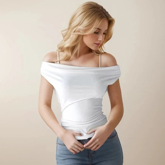 Top asimétrico para mujer 2025, camiseta blanca con hombros descubiertos, top sexy sin mangas para mujer, ropa de calle de moda, camiseta informal de verano