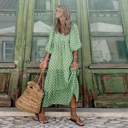 Autumn Dresses For Women 2025 Print Casual Ruffles Loose Long Dress Vintage Elegant Office Beach Style V Neck Vestidos