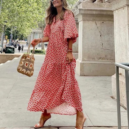Autumn Dresses For Women 2025 Print Casual Ruffles Loose Long Dress Vintage Elegant Office Beach Style V Neck Vestidos