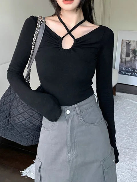 Camiseta de moda coreana de otoño Y2K para mujer, estilo japonés, estilo halter, con cuello en V, sexy, ajustada, de manga larga, para otoño