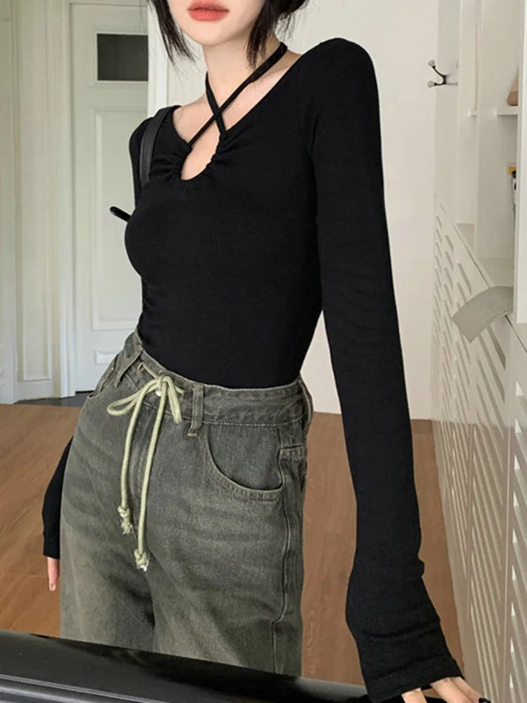 Camiseta de moda coreana de otoño Y2K para mujer, estilo japonés, estilo halter, con cuello en V, sexy, ajustada, de manga larga, para otoño