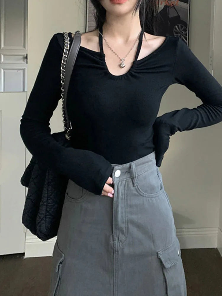 Camiseta de moda coreana de otoño Y2K para mujer, estilo japonés, estilo halter, con cuello en V, sexy, ajustada, de manga larga, para otoño
