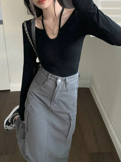 Camiseta de moda coreana de otoño Y2K para mujer, estilo japonés, estilo halter, con cuello en V, sexy, ajustada, de manga larga, para otoño