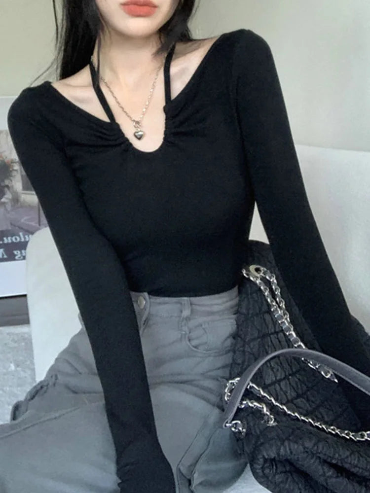 Camiseta de moda coreana de otoño Y2K para mujer, estilo japonés, estilo halter, con cuello en V, sexy, ajustada, de manga larga, para otoño