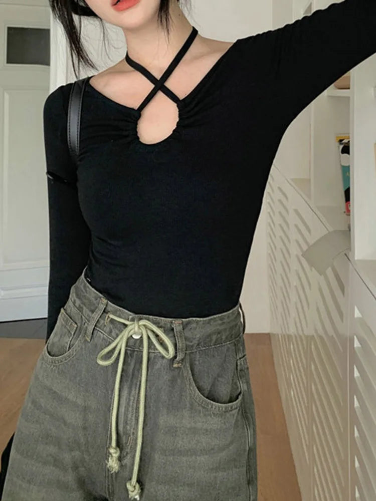 Camiseta de moda coreana de otoño Y2K para mujer, estilo japonés, estilo halter, con cuello en V, sexy, ajustada, de manga larga, para otoño