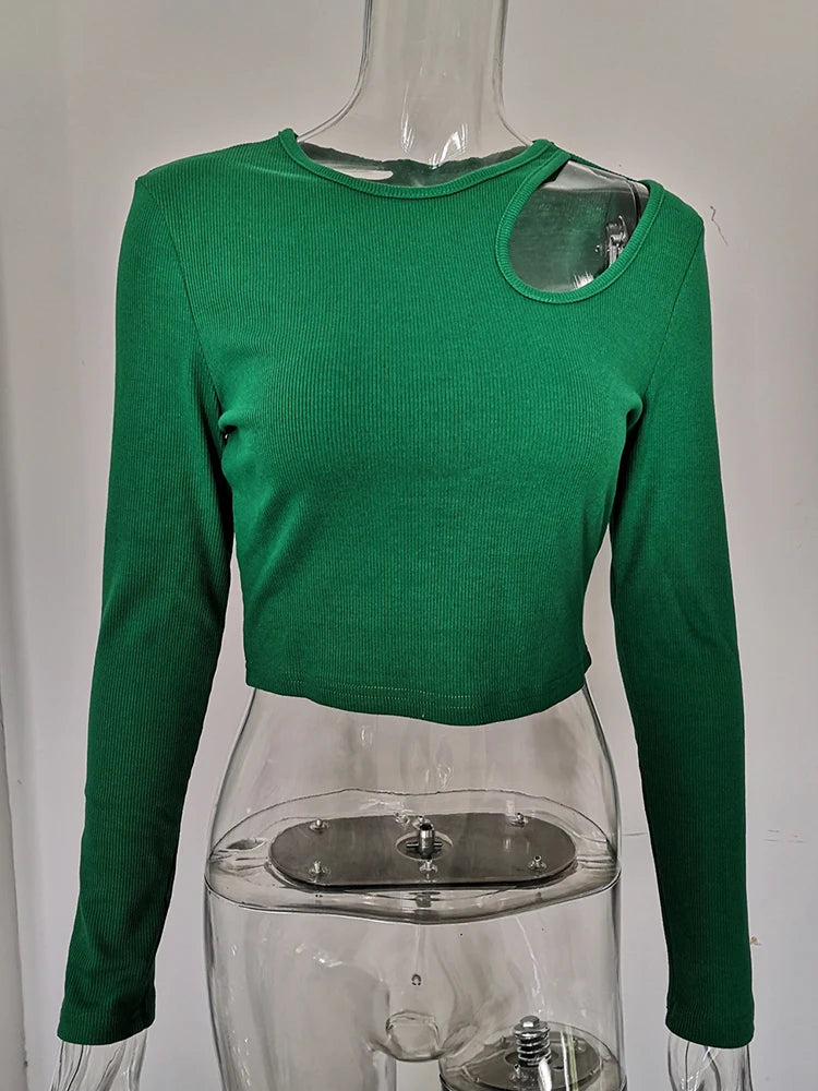 Autumn Winter Ribber Knitted T Shirts Women 2025 Green Spring Cut Out White Basic Long Sleeve Crop Tops Casual Tees