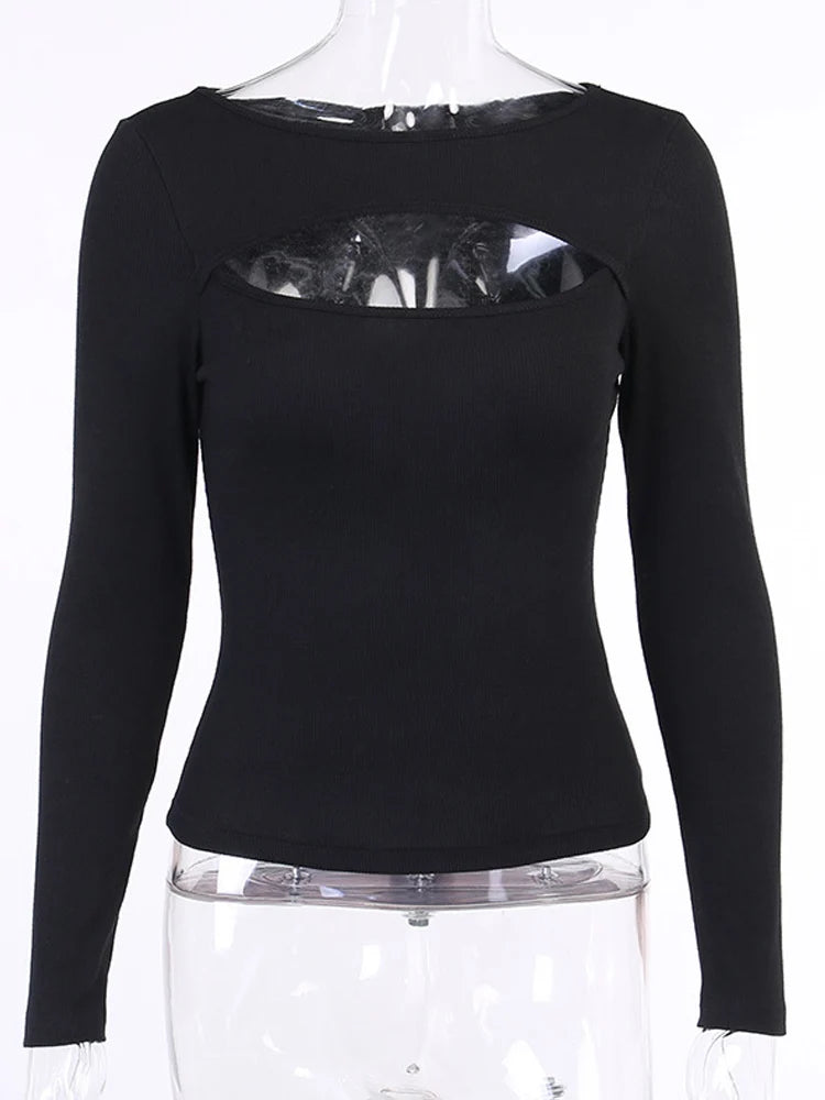 Camiseta de otoño para mujer, de punto, de manga larga, lisa, negra y blanca, informal, ajustada, con cuello redondo, 2025