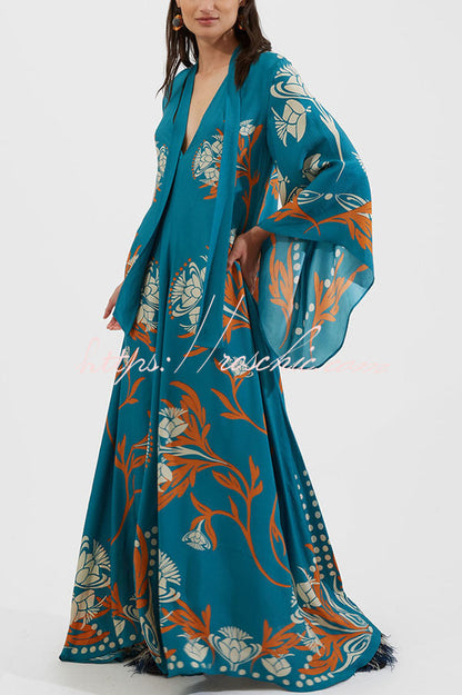 Shine The Light Unique Printed High Neck Bell Sleeve Loose Maxi Dress