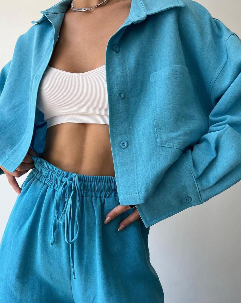 Collared Drawstring Two Piece Pants Set