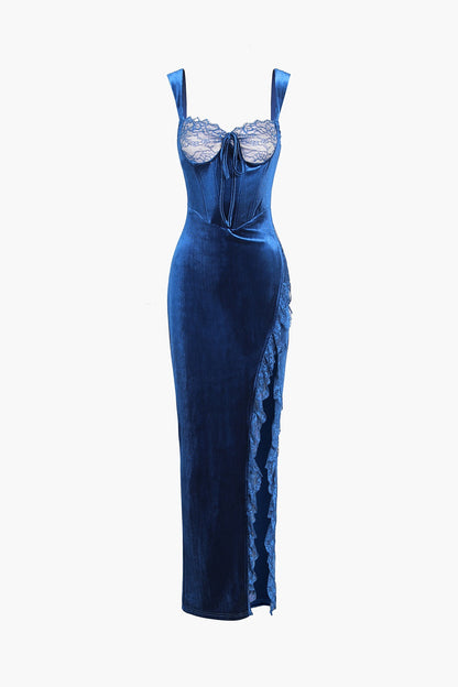 Vestido largo de terciopelo con corsé y detalle de encaje Eartha 
