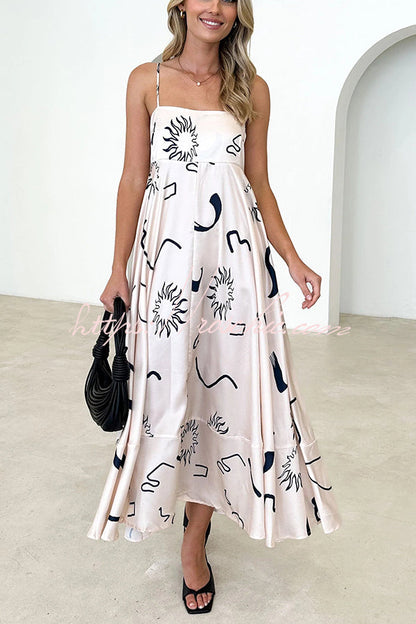 Elide Satin Unique Print Back Smocked Vacation Maxi Dress