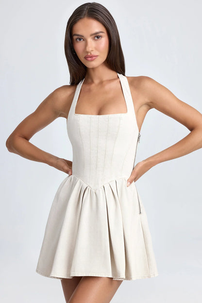 Halterneck Corset Micro Mini Dress in Ecru