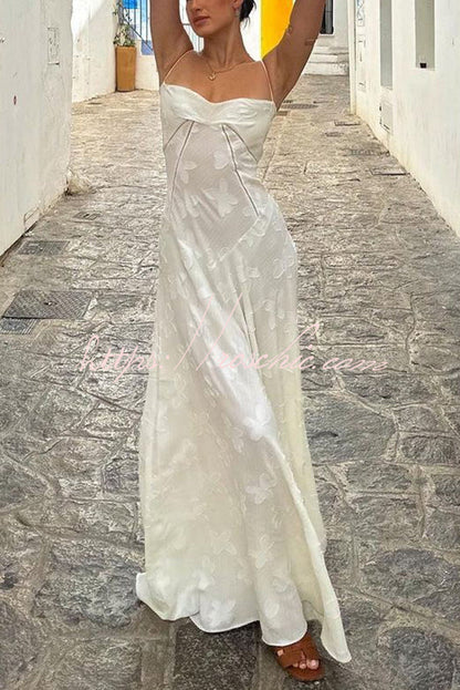 Romantic Vintage Feel Jacquard Fabric Back Lace-up Slip Floaty Maxi Dress