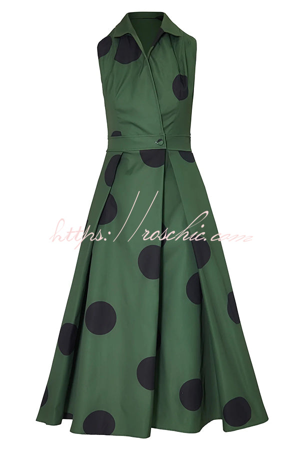Polka Dot Print Shirt Pocketed Umbrella Maxi Dress