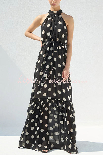Charming Idea Polka Dots Belted Halter A-line Maxi Dress