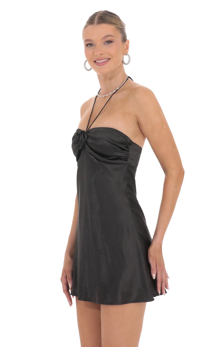 Flower Satin Halter Dress in Black