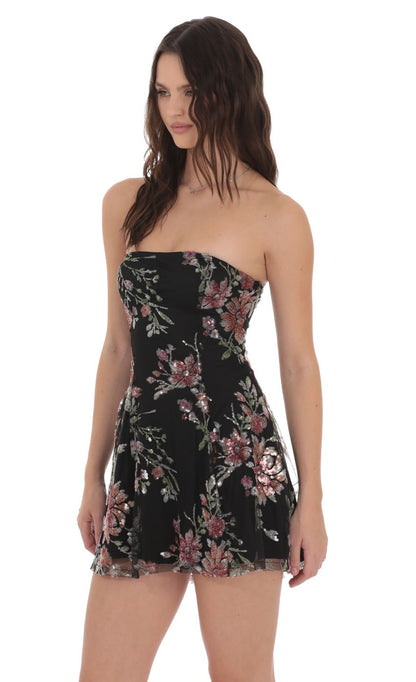 Sequin Floral Strapless Dress in Black