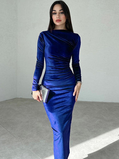 Velvet Dress Black Pleated Dating Long Sleeves Jewel Neck Summer Maxi Dresses