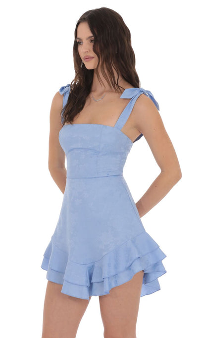 Floral Jacquard Ruffle A-line Dress in Light Blue