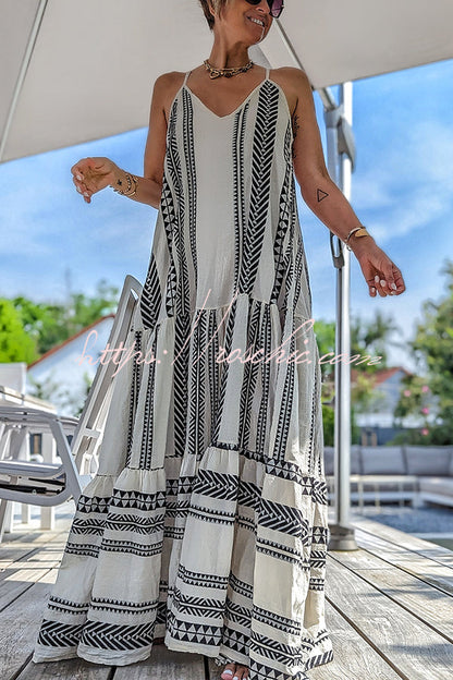Away on Vacay Ethnic Print A-line Cami Maxi Dress
