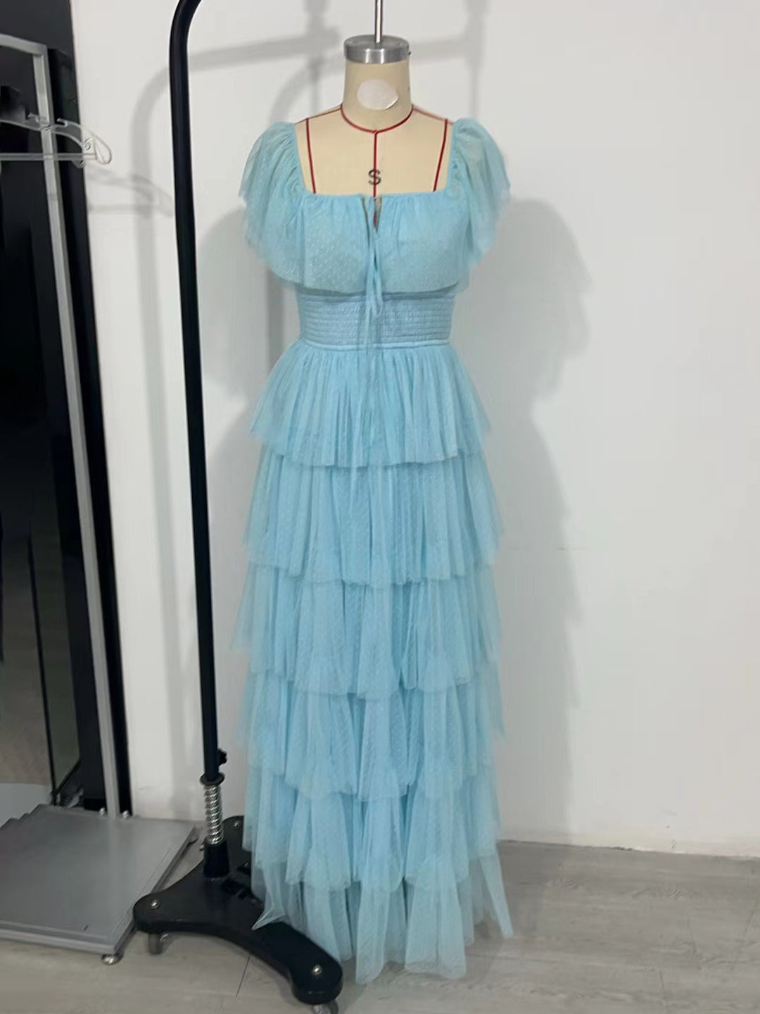 Layered Dress Cap Sleeves Sqaure Neck Elegant A-Line Prom Maxi Dresses