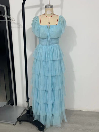 Layered Dress Cap Sleeves Sqaure Neck Elegant A-Line Prom Maxi Dresses