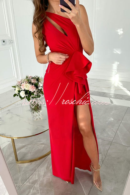 Forever Luxe One Shoulder Cutout Ruffle Split Maxi Dress