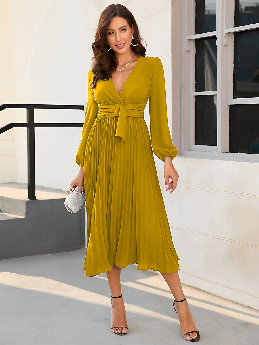 Maxi Dress V-Neck Long Sleeves Lace Up Long Dress