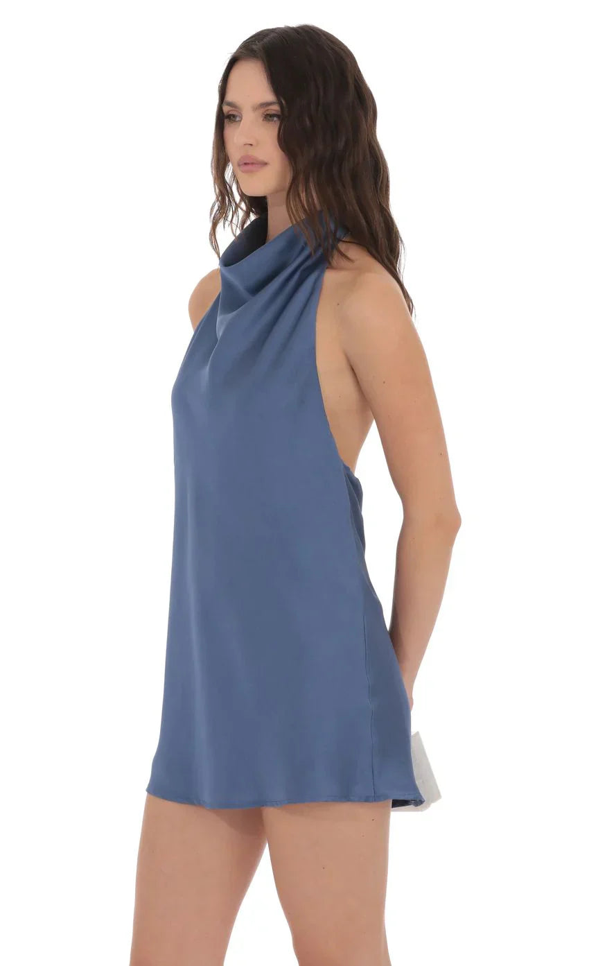 Satin Halter Open Back Dress in Navy