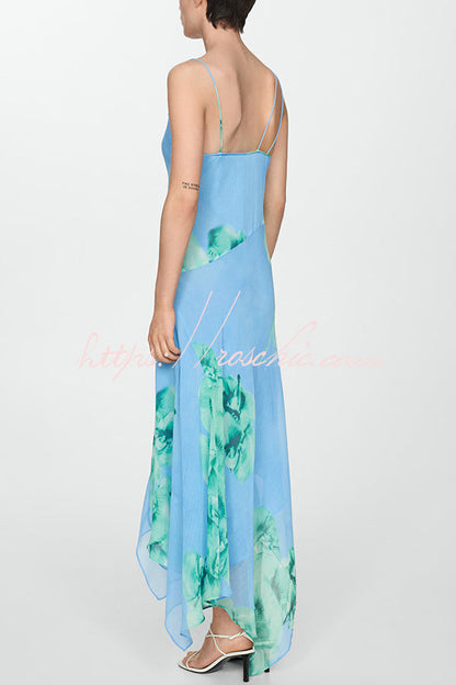 Floral Print Irregular Hem Open Back Strap Maxi Dress