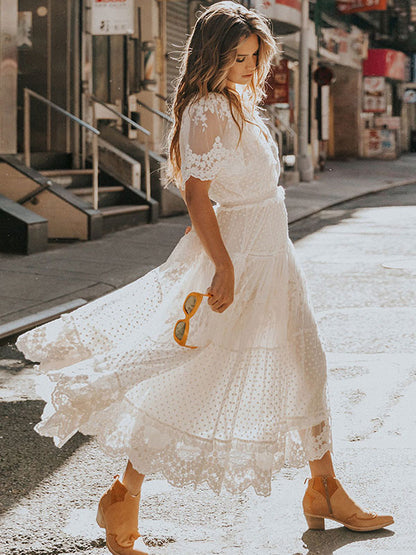 White Maxi Dresses Short Sleeves Lace Applique V-Neck Floor Length Dress