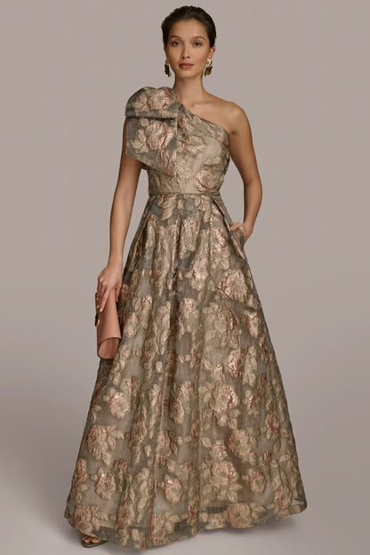 One Shoulder Bow Jacquard Ball Gown
