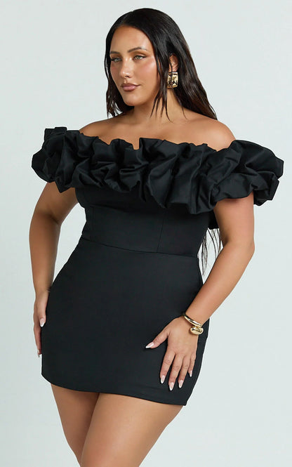 Coraline Mini Dress - Ruffle Off Shoulder Fitted Dress in Black
