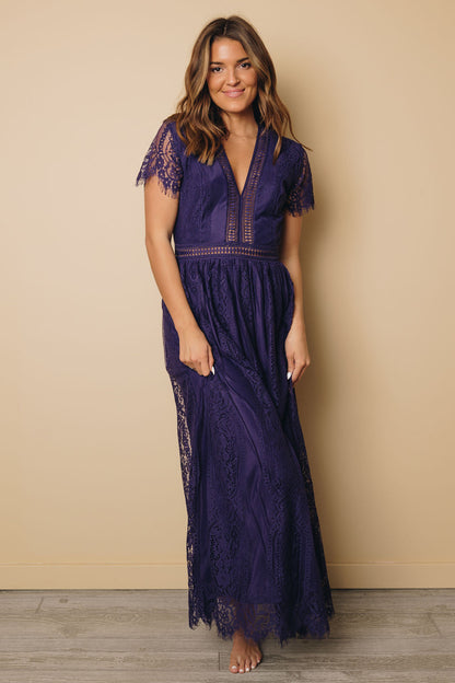 Lace Flutter Sleeve V-Neck Maxi Dress