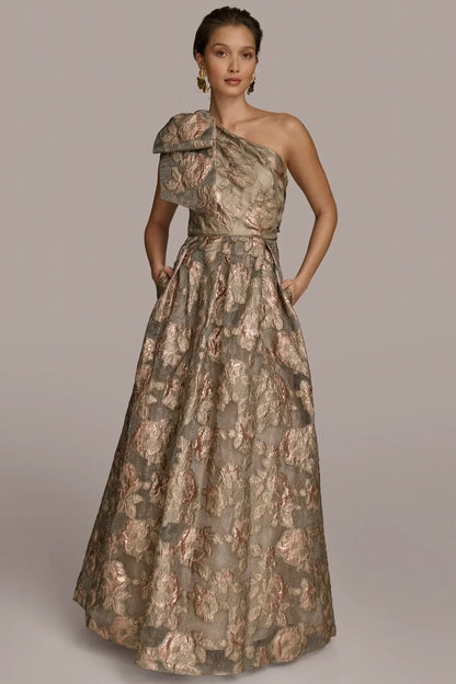 One Shoulder Bow Jacquard Ball Gown