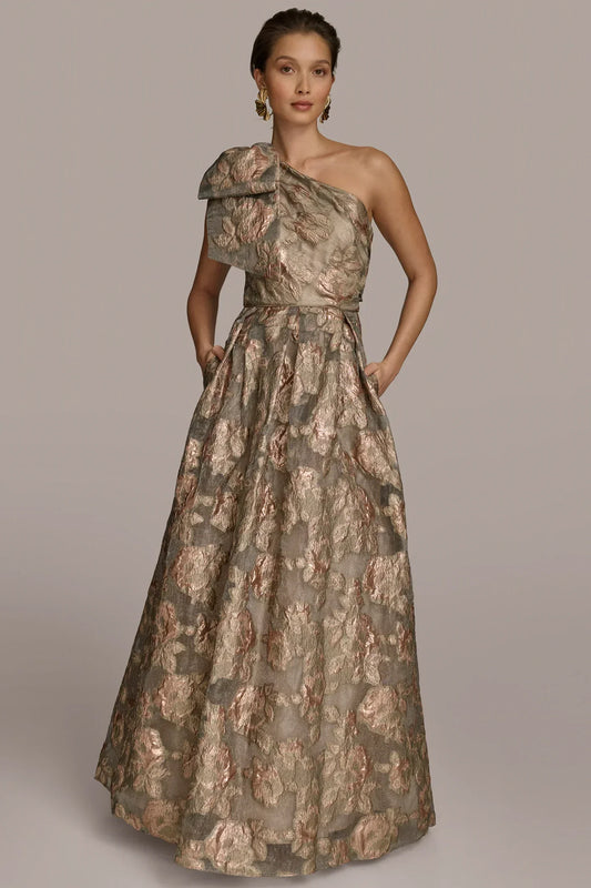One Shoulder Bow Jacquard Ball Gown