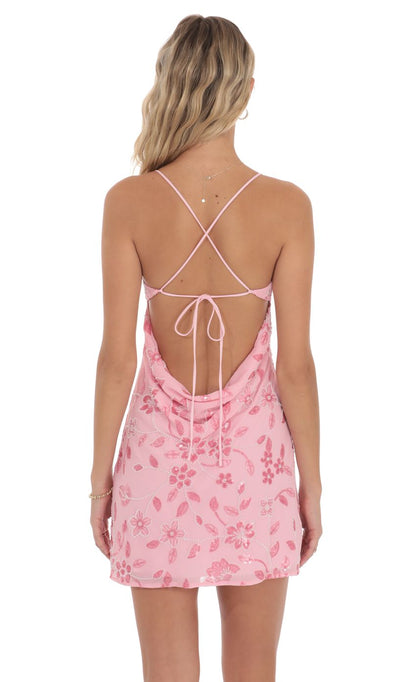 Floral Sequin Open Back Dress in Pink